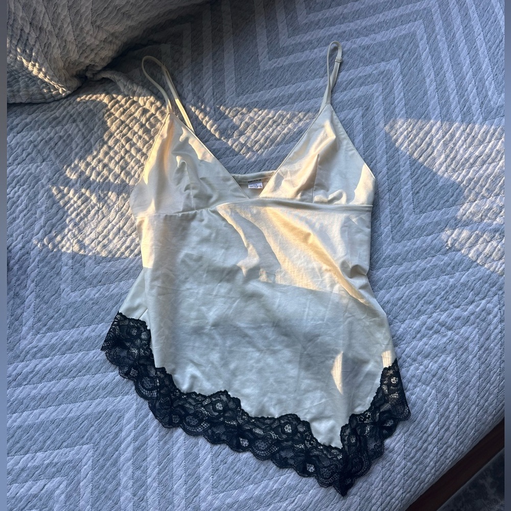 Kimchi Blue White and Black Lace Trim Asymmetrical Top